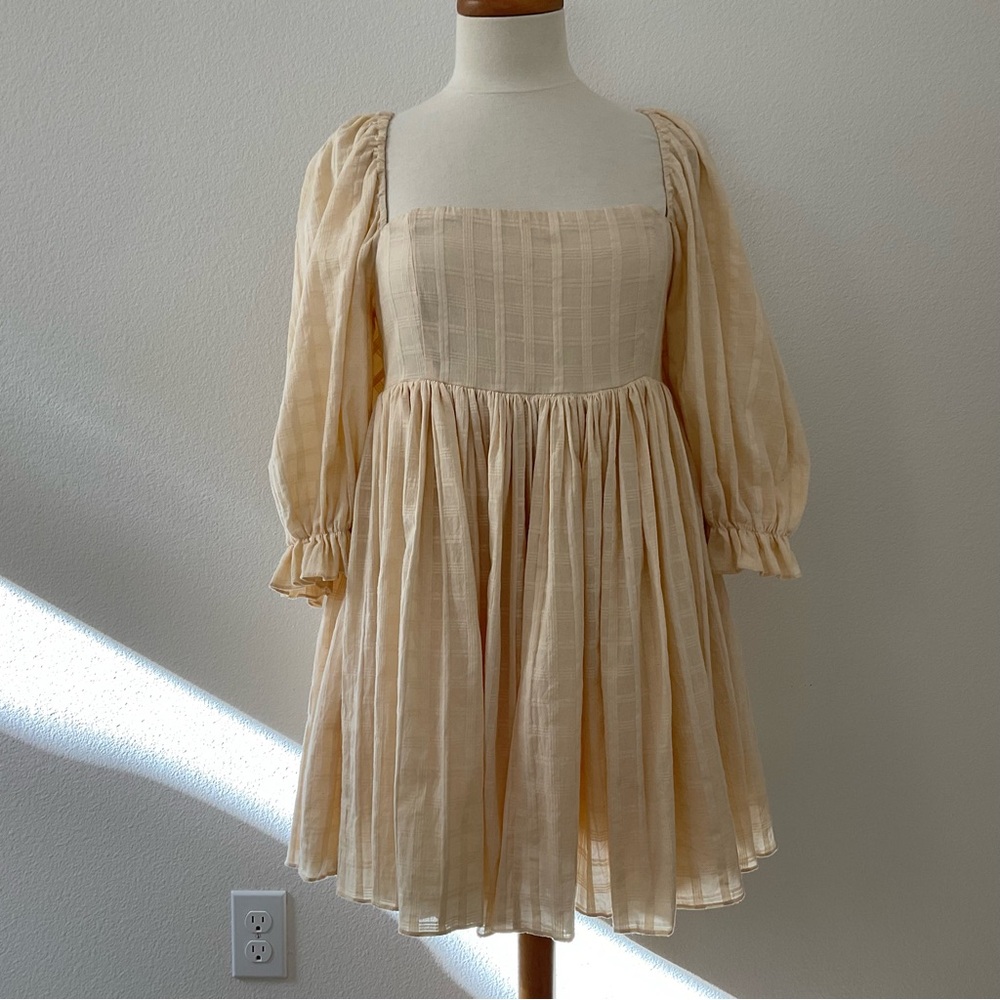 100% Cotton! Cream Puff-Sleeve Mini Dress - Cream